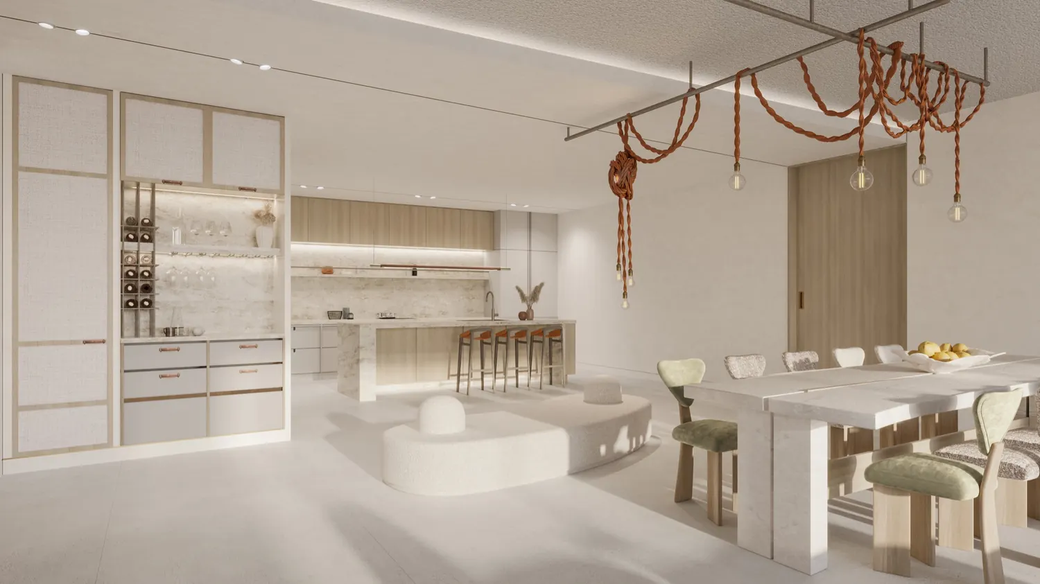 Dining area with a sculptural chandelier and warm finishes