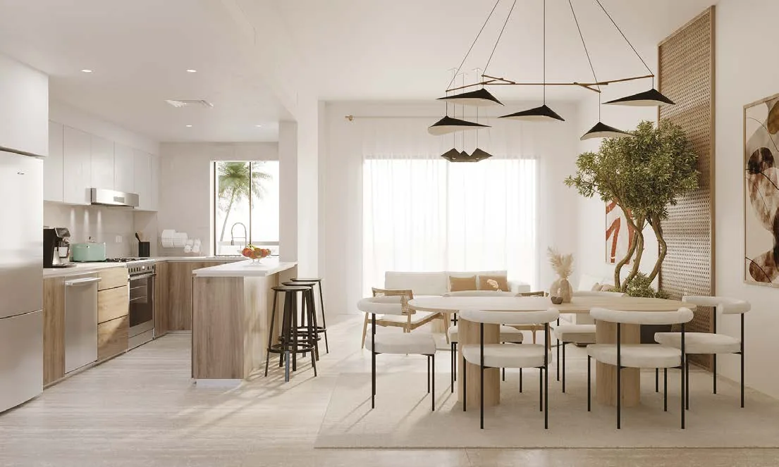 Two bedroom apartment kitchen and dining at The Plaza