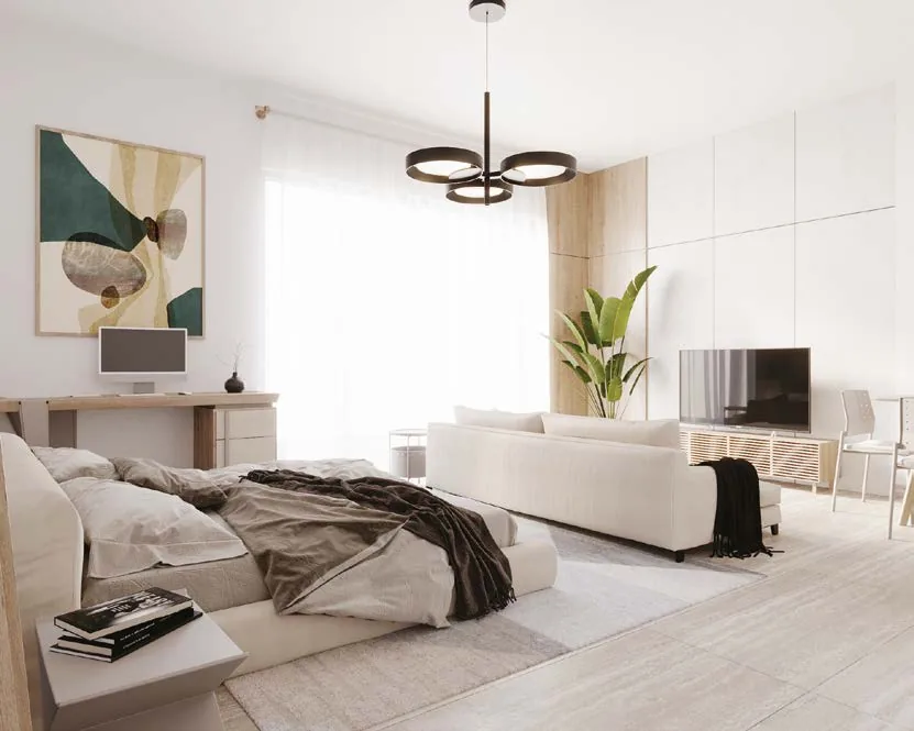 Studio interior at The Plaza with living space and kitchenette