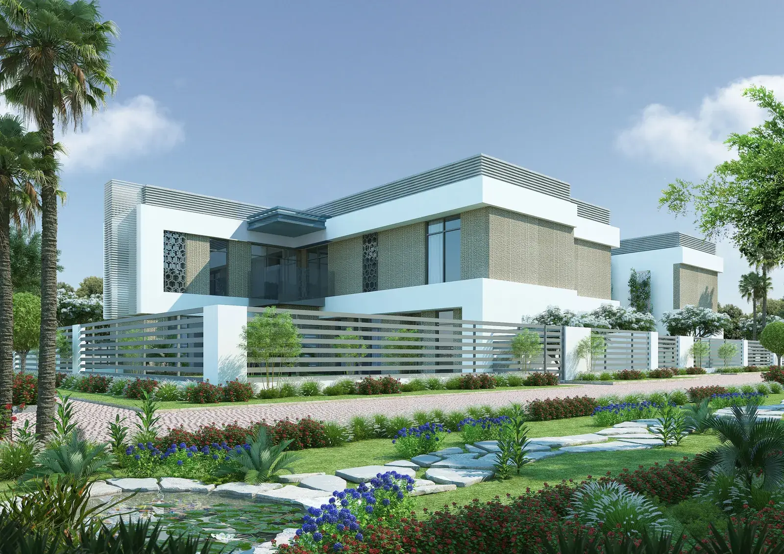 Courtyard Villa, three bedroom, exterior render with landscaped garden and water feature