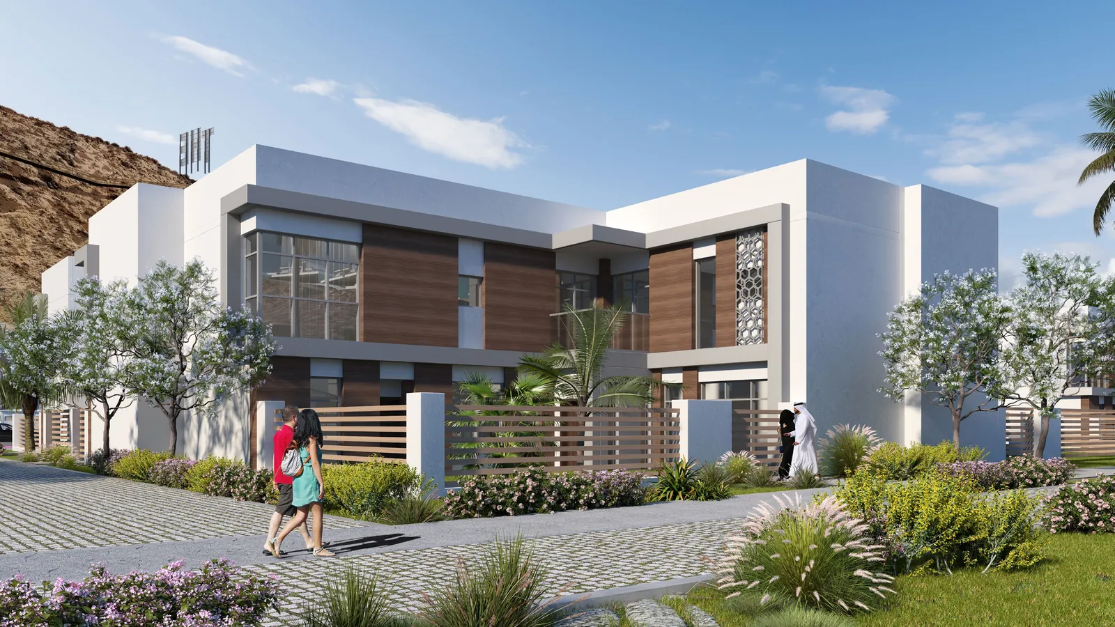 Courtyard Villa, four bedroom, exterior render with timber detailing and landscaped approach